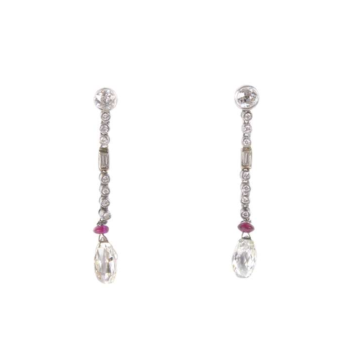 Pair of briolette diamond and ruby pendant earrings